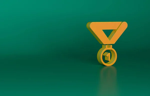 橙色奖章图标孤立在绿色背景 胜利的象征 最低纲领的概念 3D渲染说明 — 图库照片