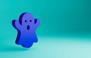 Mavi Hayalet simgesi mavi arkaplanda izole edildi. Mutlu Cadılar Bayramı Partisi. Minimalizm kavramı. 3 Boyutlu resimleme.