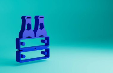 Mavi arka planda izole edilmiş mavi bira şişesi ikonu sürüsü. Tahta kutu ve bira şişeleri. Kutu bira kutusu tabelası. Minimalizm kavramı. 3 Boyutlu resimleme.