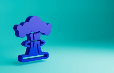 Mavi Nükleer Patlama ikonu mavi arkaplanda izole edildi. Atom bombası. Nükleer savaşın sembolü, dünyanın sonu. Minimalizm kavramı. 3 Boyutlu resimleme.