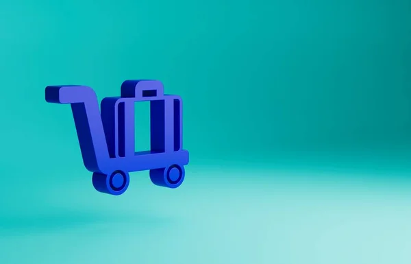蓝色特洛利行李箱图标隔离在蓝色背景 旅行的行李标志 旅行行李图标 最低纲领的概念 3D渲染说明 — 图库照片