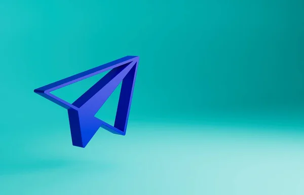 青い背景に分離された青い紙飛行機のアイコン 最小限の概念 3Dレンダリング図 — ストック写真