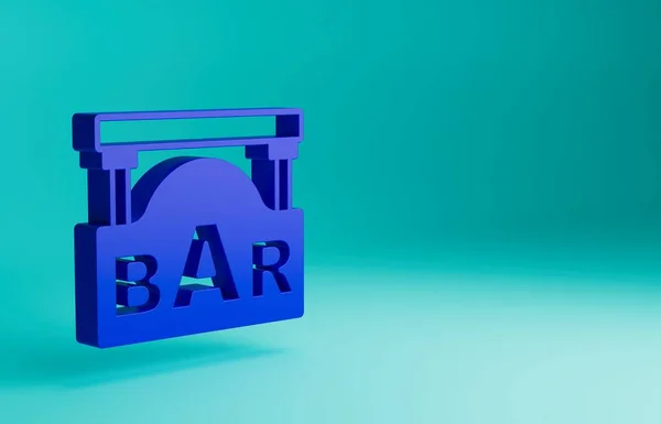 Blue Street signboard with inscription Bar icon isolated on blue background. Suitable for advertisements bar, cafe, restaurant. Minimalism concept. 3D render illustration.