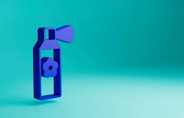Blue Air freshener spray bottle icon isolated on blue background. Air freshener aerosol bottle. Minimalism concept. 3D render illustration.