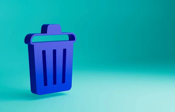 Blue Trash can icon isolated on blue background. Garbage bin sign. Recycle basket icon. Office trash icon. Minimalism concept. 3D render illustration.