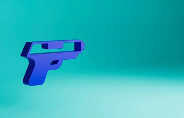 青色の背景に隔離されたブルーピストルまたはガンアイコン 警察や軍の拳銃 小火器だ 最小限の概念 3Dレンダリング図 — ストック写真