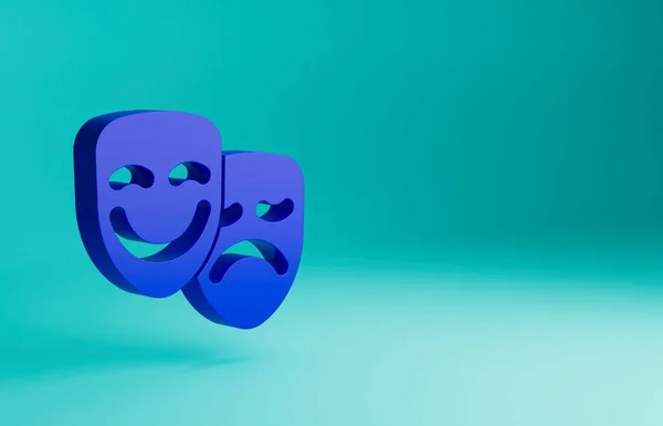 Blue Comedy and tragedy theatrical masks icon isolated on blue background. Minimalism concept. 3D render illustration.