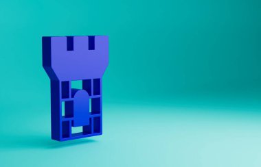 Mavi Kale kulesi simgesi mavi arkaplanda izole edildi. Kale işareti. Minimalizm kavramı. 3 Boyutlu resimleme.