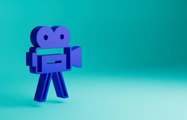 Mavi Retro sinema kamerası ikonu mavi arkaplanda izole edildi. Video kamera. Film tabelası. Film projektörü. Minimalizm kavramı. 3 Boyutlu resimleme.