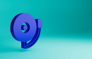 Mavi alarm zili simgesi mavi arkaplanda izole edildi. Yangın alarmı. Servis zili, el zili işareti, uyarı sembolü. Minimalizm kavramı. 3 Boyutlu resimleme.