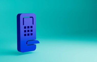 Mavi arka planda izole edilmiş ikonu açmak için kablosuz teknolojiye sahip mavi dijital kapı kilidi. Kapı kolu tabelası. Güvenlik akıllı ev. Minimalizm kavramı. 3 Boyutlu resimleme.