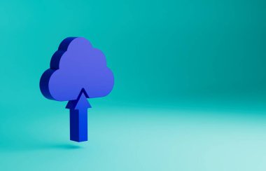 Mavi Bulut yükleme simgesi mavi arkaplanda izole edildi. Minimalizm kavramı. 3 Boyutlu resimleme.