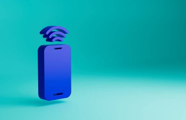 Mavi arkaplanda ücretsiz kablosuz bağlantı ikonu bulunan Mavi Akıllı Telefon. Kablosuz teknoloji, kablosuz bağlantı, kablosuz ağ. Minimalizm kavramı. 3 Boyutlu resimleme.