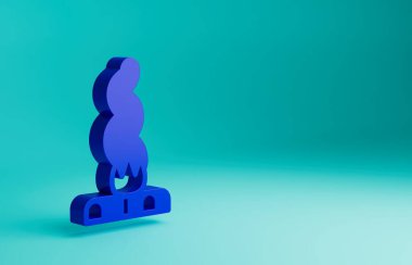 Mavi Kamp Ateşi simgesi mavi arkaplanda izole edildi. Odunla yanan şenlik ateşi. Minimalizm kavramı. 3 Boyutlu resimleme.