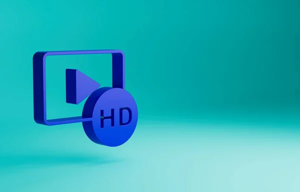 Blue Hd movie, tape, frame icon isolated on blue background. Minimalism concept. 3D render illustration.