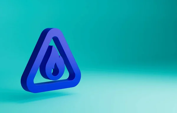 Blue Fire flame in triangle icon isolated on blue background. Warning sign of flammable product. Minimalism concept. 3D render illustration.