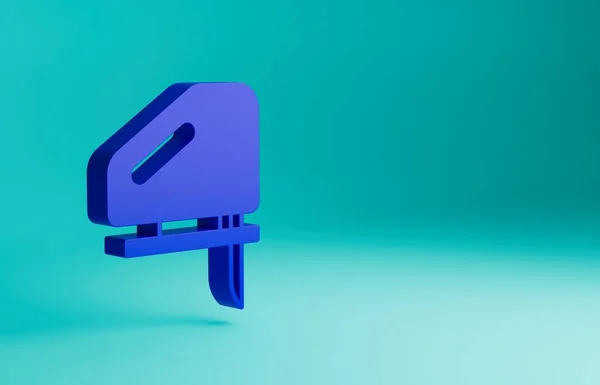 Blue Electric jigsaw with steel sharp blade icon isolated on blue background. Power tool for woodwork. Minimalism concept. 3D render illustration.