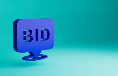 Mavi Teklif simgesi mavi arkaplanda izole edildi. Açık arttırma teklifi. Satış ve alıcılar. Minimalizm kavramı. 3 Boyutlu resimleme.