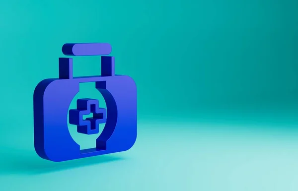 Blue First aid kit icon isolated on blue background. Medical box with cross. Medical equipment for emergency. Healthcare concept. Minimalism concept. 3D render illustration.