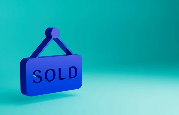 Blue Hanging sign with text Sold icon isolated on blue background. Auction sold. Sold signboard. Bidding concept. Auction competition. Minimalism concept. 3D render illustration.