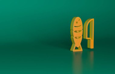 Dilimlenmiş parçalı turuncu balık ve yeşil arka planda izole edilmiş bıçak ikonu. Minimalizm kavramı. 3 Boyutlu resimleme.