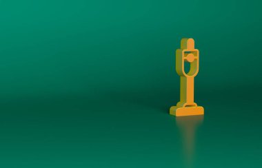 Turuncu elektrikli süpürge ikonu yeşil arka planda izole edildi. Minimalizm kavramı. 3 Boyutlu resimleme.