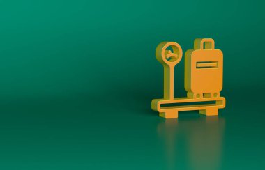 Yeşil arkaplanda izole edilmiş bavul simgesiyle turuncu ölçek. Lojistik ve teslimat. Dağıtım paketinin ağırlığı bir ölçekte. Minimalizm kavramı. 3 Boyutlu resimleme.