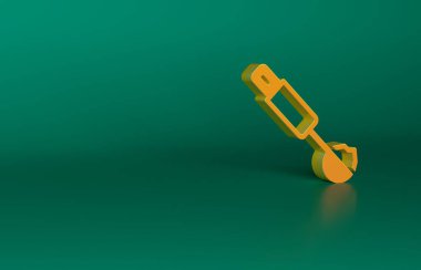 Turuncu Ölçme Kaşık simgesi yeşil arka planda izole edildi. Minimalizm kavramı. 3 Boyutlu resimleme.