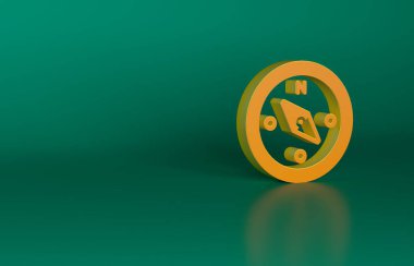 Yeşil arkaplanda turuncu pusula simgesi izole edildi. Rüzgâr yön bulma sembolü. Rüzgar gül işareti. Minimalizm kavramı. 3 Boyutlu resimleme.