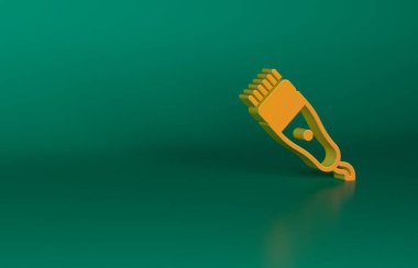 Yeşil arka planda turuncu elektrikli saç kırpıcı ya da traş ikonu izole edilmiş. Berber dükkanı sembolü. Minimalizm kavramı. 3 Boyutlu resimleme.