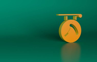 Yeşil arka planda jilet simgesi olan turuncu berber dükkanı. Kuaför logosu ya da tabela. Minimalizm kavramı. 3 Boyutlu resimleme.