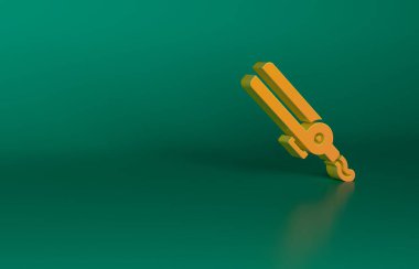 Yeşil arka planda izole edilmiş saç ikonu için turuncu saç maşası. Saç düzleştirici ikonu. Minimalizm kavramı. 3 Boyutlu resimleme.