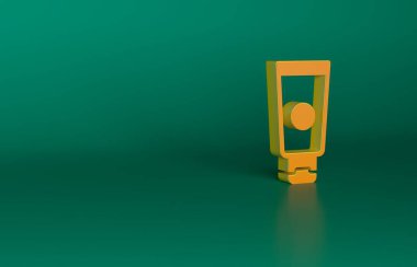 Yeşil arkaplanda turuncu krem ya da losyon kozmetik tüp ikonu var. Erkekler için vücut bakım ürünleri. Minimalizm kavramı. 3 Boyutlu resimleme.