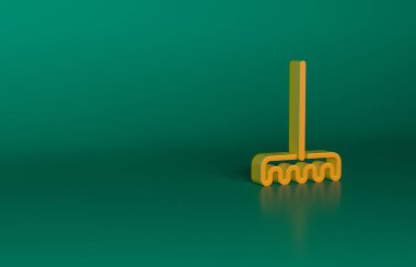 Turuncu Bahçe tırmık simgesi yeşil arka planda izole edildi. Bahçecilik, tarım, çiftçilik aleti. Toprak işçisi. Temizlik ekipmanları. Minimalizm kavramı. 3 Boyutlu resimleme.