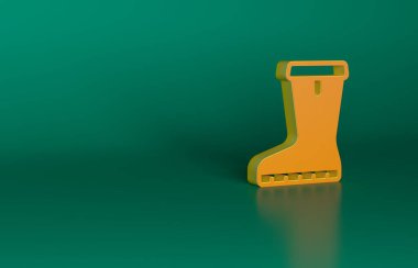 Turuncu su geçirmez lastik bot ikonu yeşil arka planda izole edildi. Yağmurlu hava, balıkçılık, bahçe işleri için çizme. Minimalizm kavramı. 3 Boyutlu resimleme.