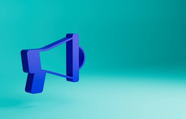 Mavi arkaplanda mavi megafon simgesi izole edildi. Sözcü işareti. Minimalizm kavramı. 3 Boyutlu resimleme.