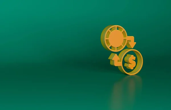 橙色赌场的芯片在一堆堆绿色背景的美元图标上进行交易 最低纲领的概念 3D渲染说明 — 图库照片