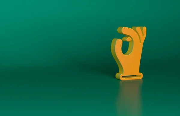 オレンジ緑の背景に隔離された医療用ゴム手袋アイコン 保護ゴム手袋 最小限の概念 3Dレンダリング図 — ストック写真