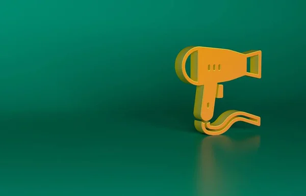 緑の背景に隔離されたオレンジヘアドライヤーアイコン ドライヤーのサインだ 髪の乾燥シンボル 熱い空気を吹いている 最小限の概念 3Dレンダリング図 — ストック写真