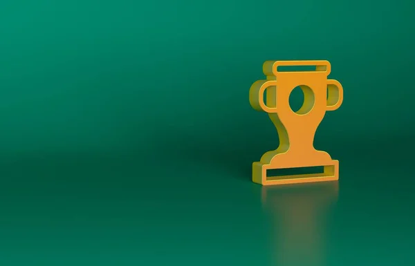 橙色奖杯图标孤立在绿色背景 冠军奖杯的象征 锦标赛或竞赛奖杯 体育成就标志 最低纲领的概念 3D渲染说明 — 图库照片