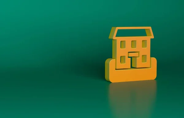 橙色学校建筑图标孤立在绿色背景 最低纲领的概念 3D渲染说明 — 图库照片