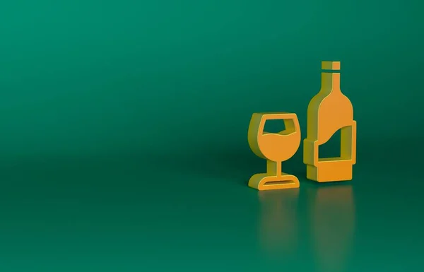 緑の背景に隔離されたガラスのアイコンとオレンジワインボトル 最小限の概念 3Dレンダリング図 — ストック写真