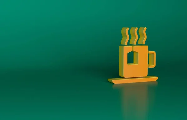 茶袋のアイコンが緑の背景に隔離されたお茶のオレンジカップ 最小限の概念 3Dレンダリング図 — ストック写真
