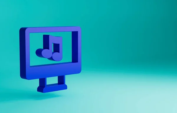 青の背景に隔離された画面アイコン上の音楽ノート記号とブルーコンピュータ 最小限の概念 3Dレンダリング図 — ストック写真