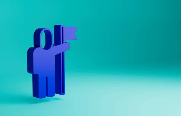 stock image Blue Man holding flag icon isolated on blue background. Victory, winning and conquer adversity concept. Minimalism concept. 3D render illustration.