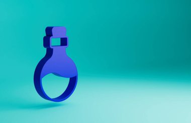 Mavi arka planda izole edilmiş aşk iksiri ikonu olan mavi şişe. Sevgililer günün kutlu olsun. Minimalizm kavramı. 3 Boyutlu resimleme.