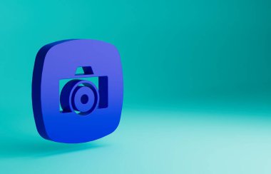 Mavi fotograf makinesi simgesi mavi arkaplanda izole edildi. Foto kamera. Dijital fotoğrafçılık. Minimalizm kavramı. 3 Boyutlu resimleme.