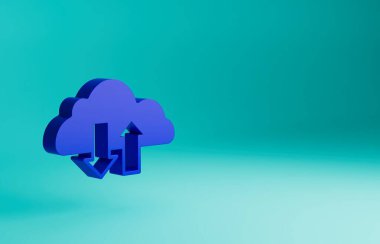 Mavi Bulut indirme ve yükleme simgesi mavi arkaplanda izole edildi. Minimalizm kavramı. 3 Boyutlu resimleme.