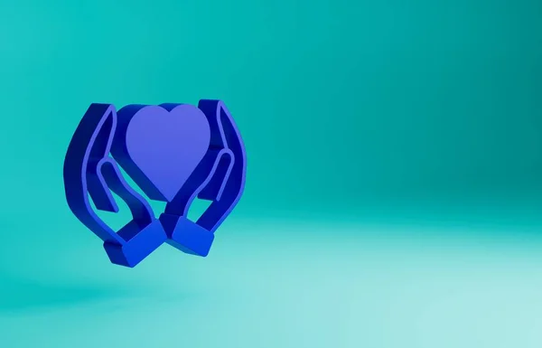 青色の背景に隔離された手のアイコンでブルーハート 愛のシンボルを与える手 バレンタインデーのシンボル 最小限の概念 3Dレンダリング図 — ストック写真