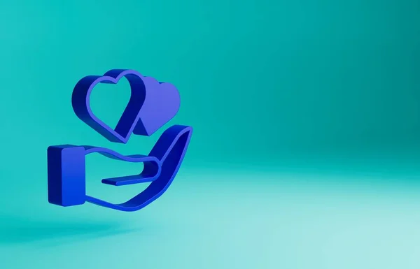 Blue Heart in hand icon isolated on blue background. Hand giving love symbol. Valentines day symbol. Minimalism concept. 3D render illustration.